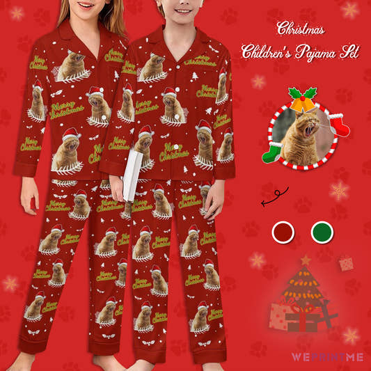 Custom Pet Merry Christmas Kids Christmas Pajamas-Red-WePrintMe