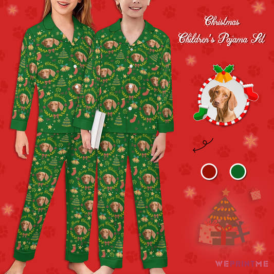 Custom Pet Face Wreath Kids Christmas Pajamas-Green-WePrintMe