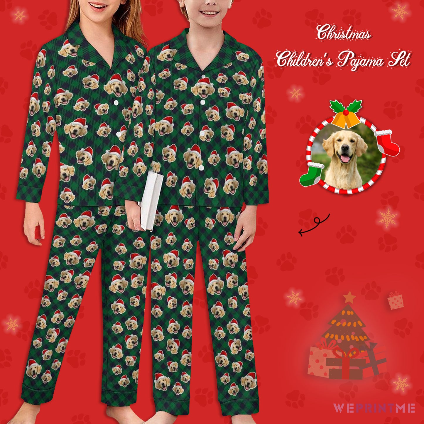 Custom Pet Face Everywhere Christmas Kids Pajamas-Green Plaid-WEPRINTME