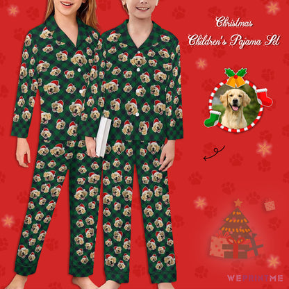 Custom Pet Face Everywhere Christmas Kids Pajamas-Green Plaid-WEPRINTME