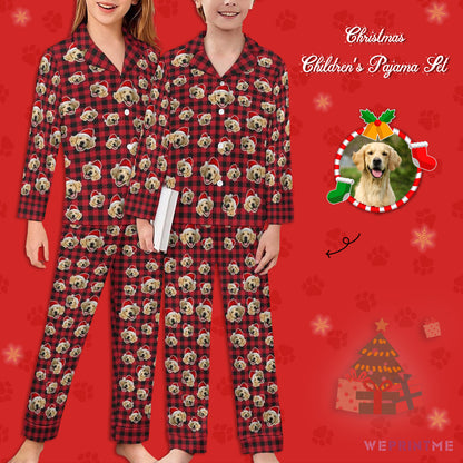 Custom Pet Face Everywhere Christmas Kids Pajamas-Red Plaid-WEPRINTME