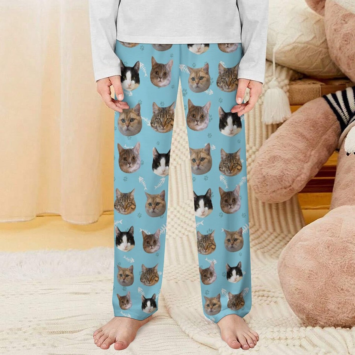 Custom Pet Kids Pants Paws Pajama Pants-Cat Model-WEPRINTME