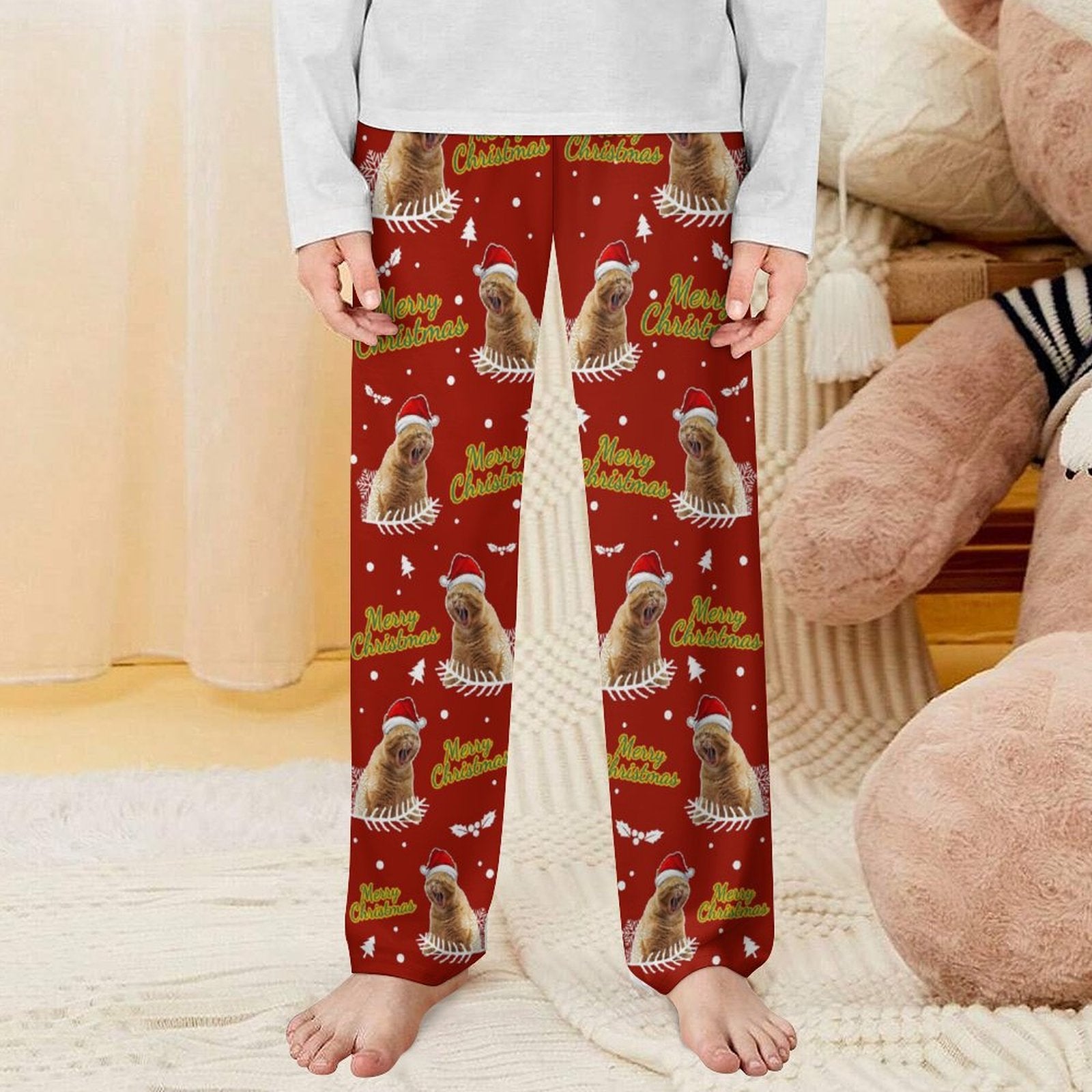 Custom Pet Face Merry Christmas Pajama Pants for Kids-Front-WEPRINTME