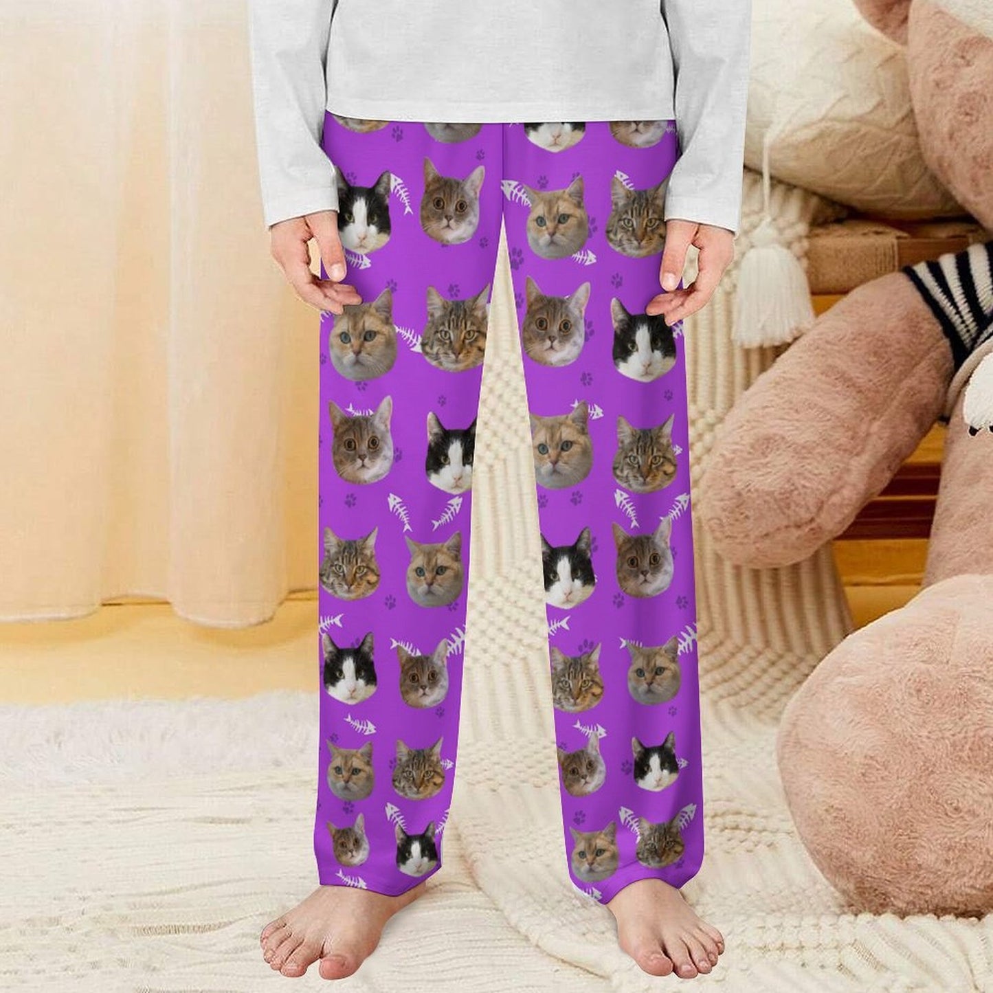 Custom Pet Kids Pants Paws Pajama Pants-Cat Purple-WEPRINTME
