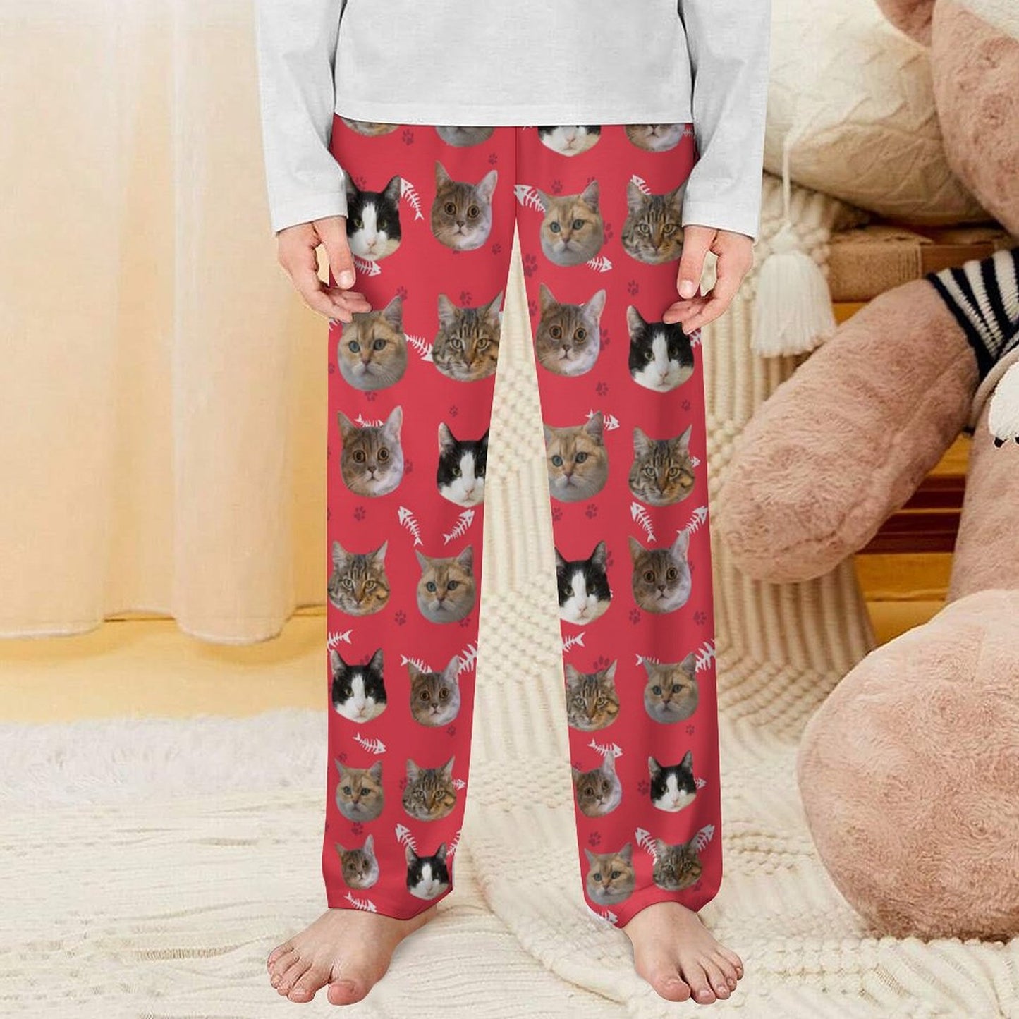Custom Pet Kids Pants Paws Pajama Pants-Cat Red-WEPRINTME