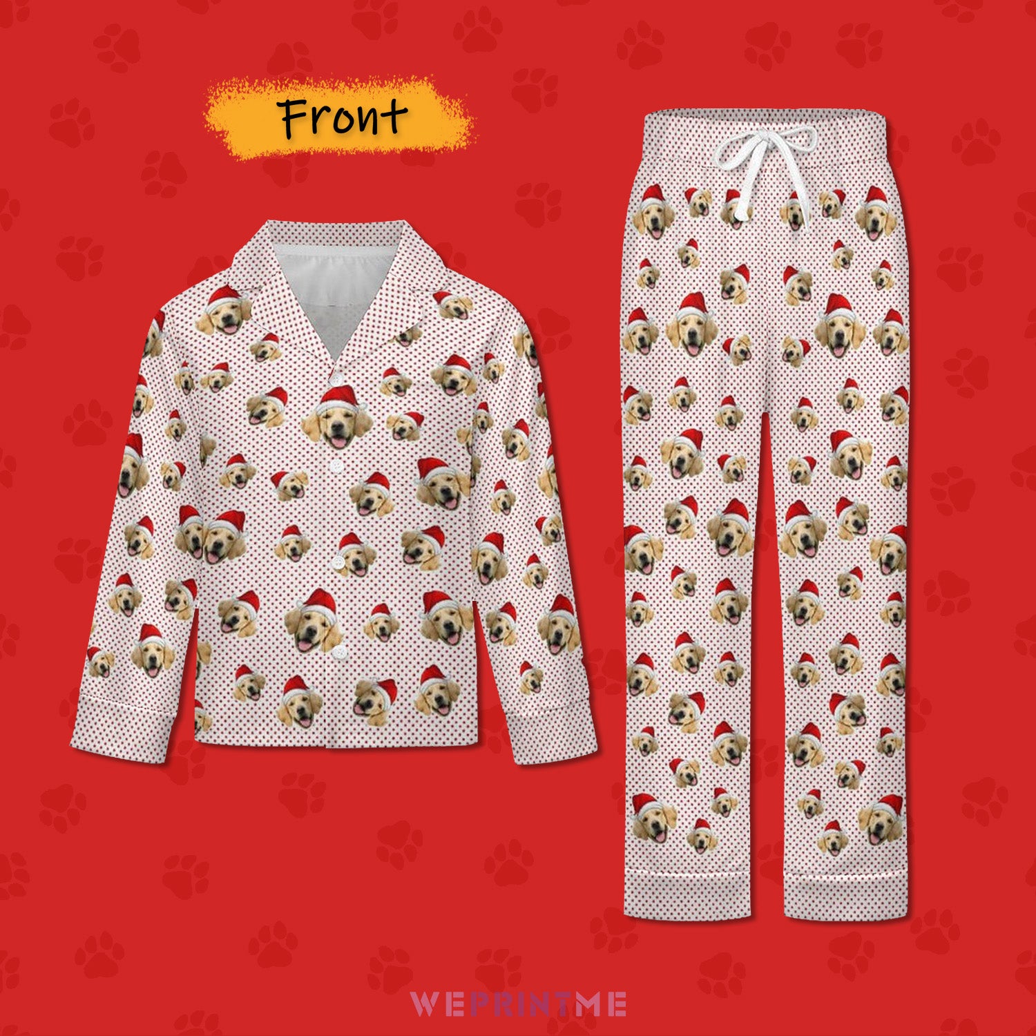 Custom Pet Face Everywhere Christmas Kids Pajamas-Red Dots-Front-WEPRINTME