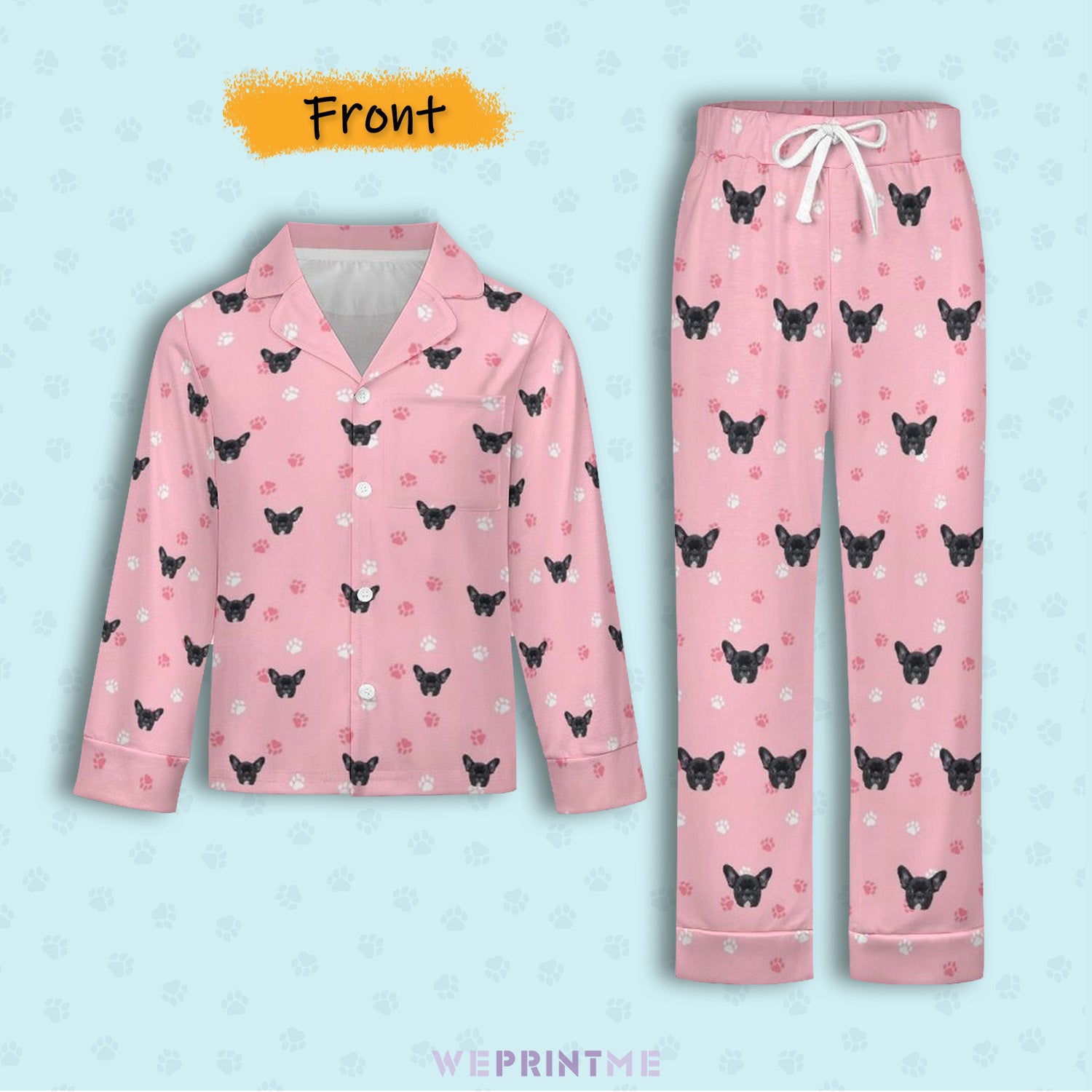Custom Pet Face Paws V Neck Pajama Set for Kids-Front-WEPRINTME