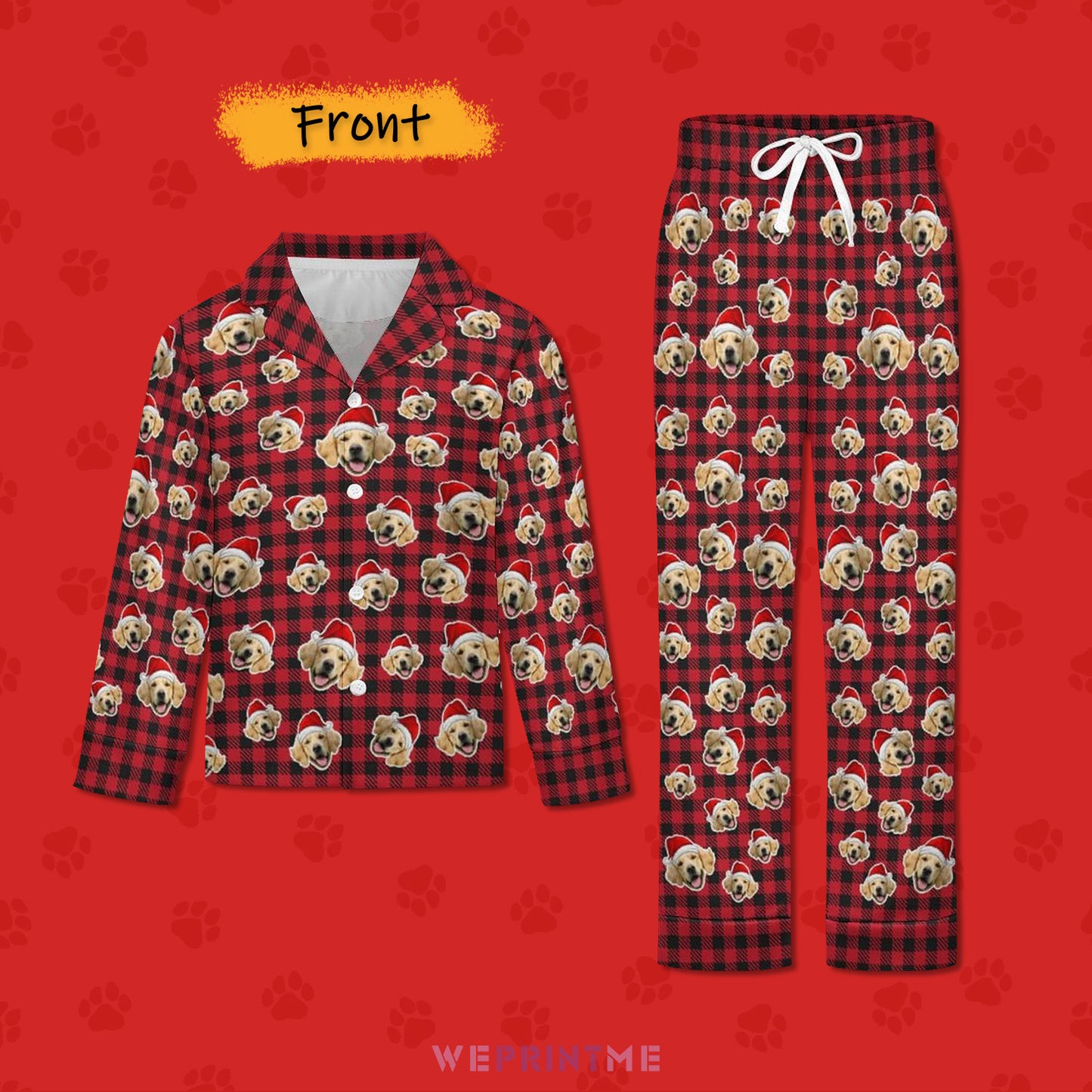 Custom Pet Face Everywhere Christmas Kids Pajamas-Red Plaid-Front-WEPRINTME