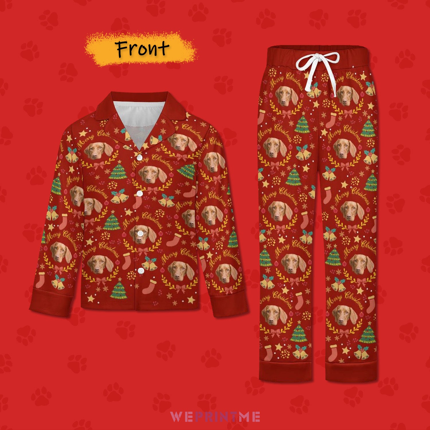 Custom Pet Face Wreath Kids Christmas Pajamas-Red Front-WEPRINTME