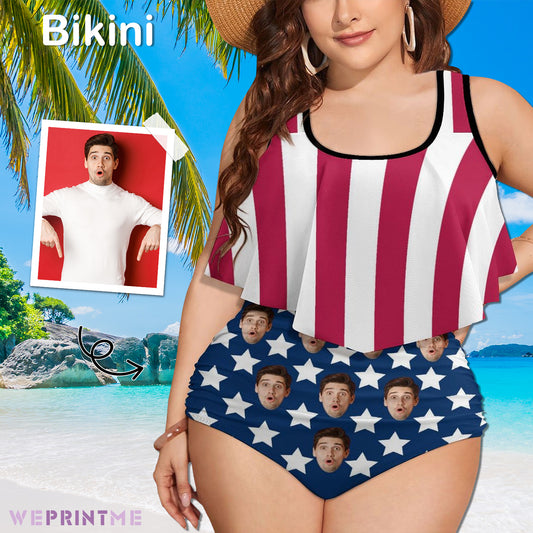Custom Face Flag Plus Size Ruffle Tankini-WEPRINTME-1