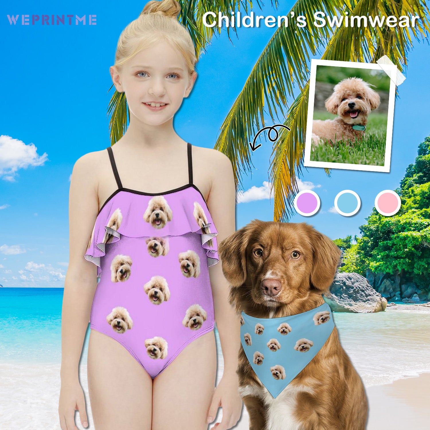 Custom Face Girls Swimwear Matching Pet Bandana-WEPRINTME-1