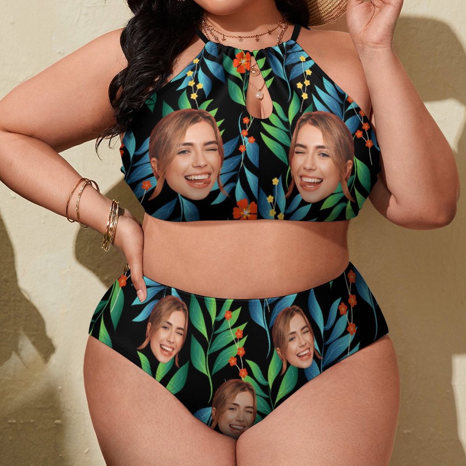 Custom Face Hawaiian Plus Size Halter Tankini-WEPRINTME-3