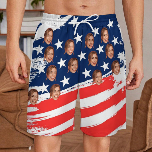 Custom Face Slanted Flag Men's Short Sweatpants-WEPRINTME-1