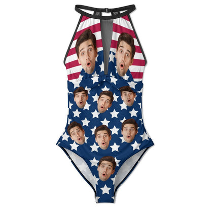 Custom Faces Flag Women's Hollow One-Piece Swimsuit-12