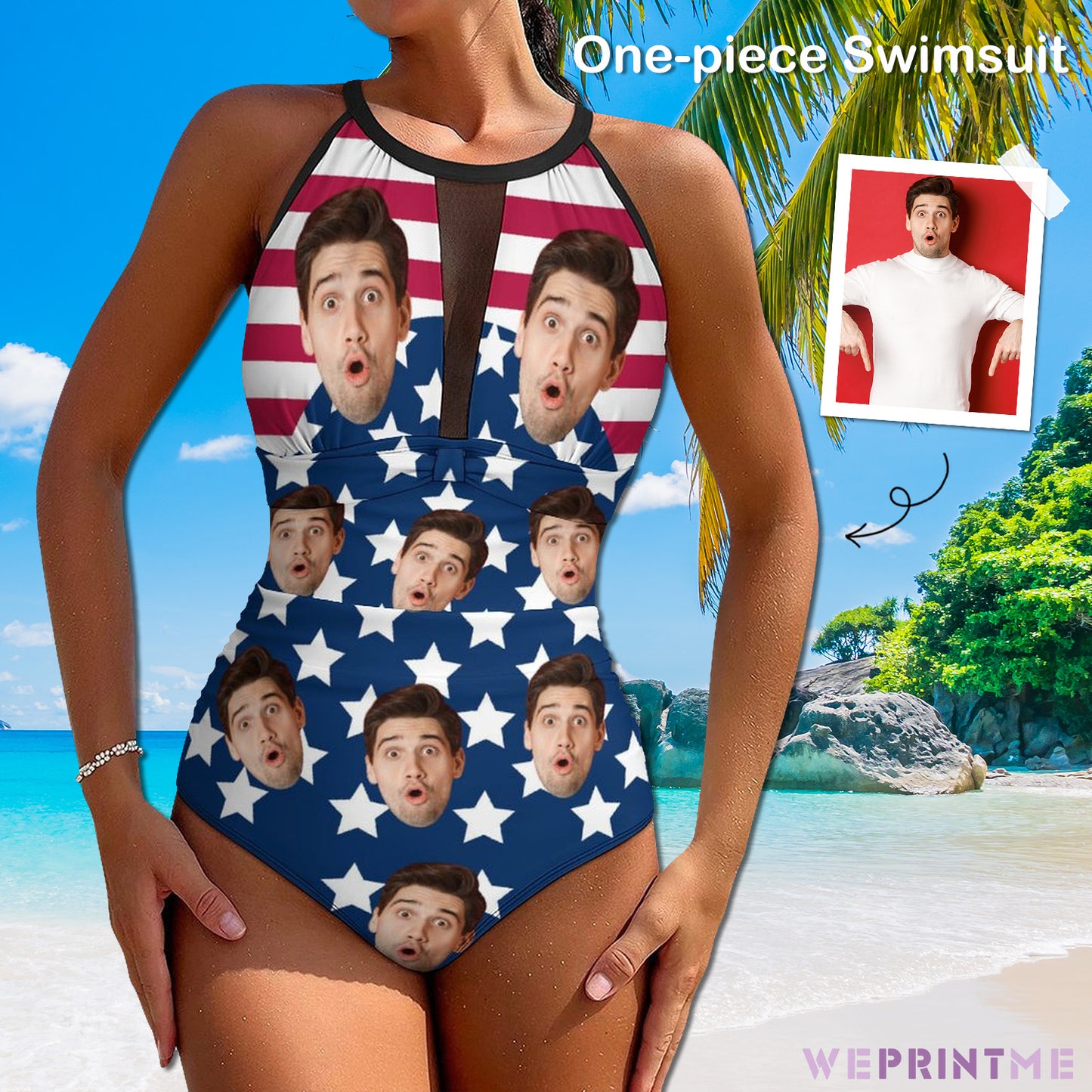 Custom Faces Flag Women's Hollow One-Piece Swimsuit-7