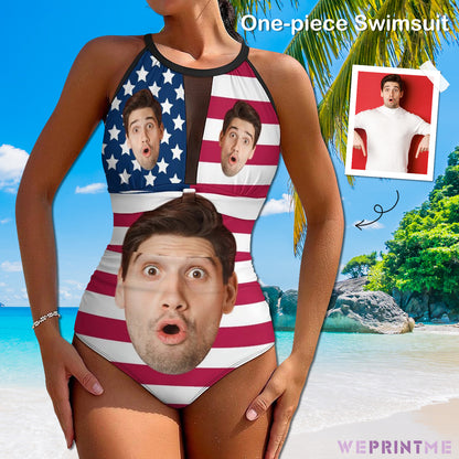 Custom Faces Flag Women's Hollow One-Piece Swimsuit-WEPRINTME-1
