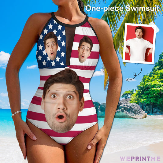 Custom Faces Flag Women's Hollow One-Piece Swimsuit-WEPRINTME-1