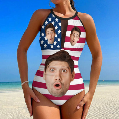 Custom Faces Flag Women's Hollow One-Piece Swimsuit-WEPRINTME-2