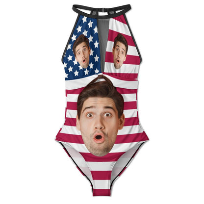 Custom Faces Flag Women's Hollow One-Piece Swimsuit-WEPRINTME-6