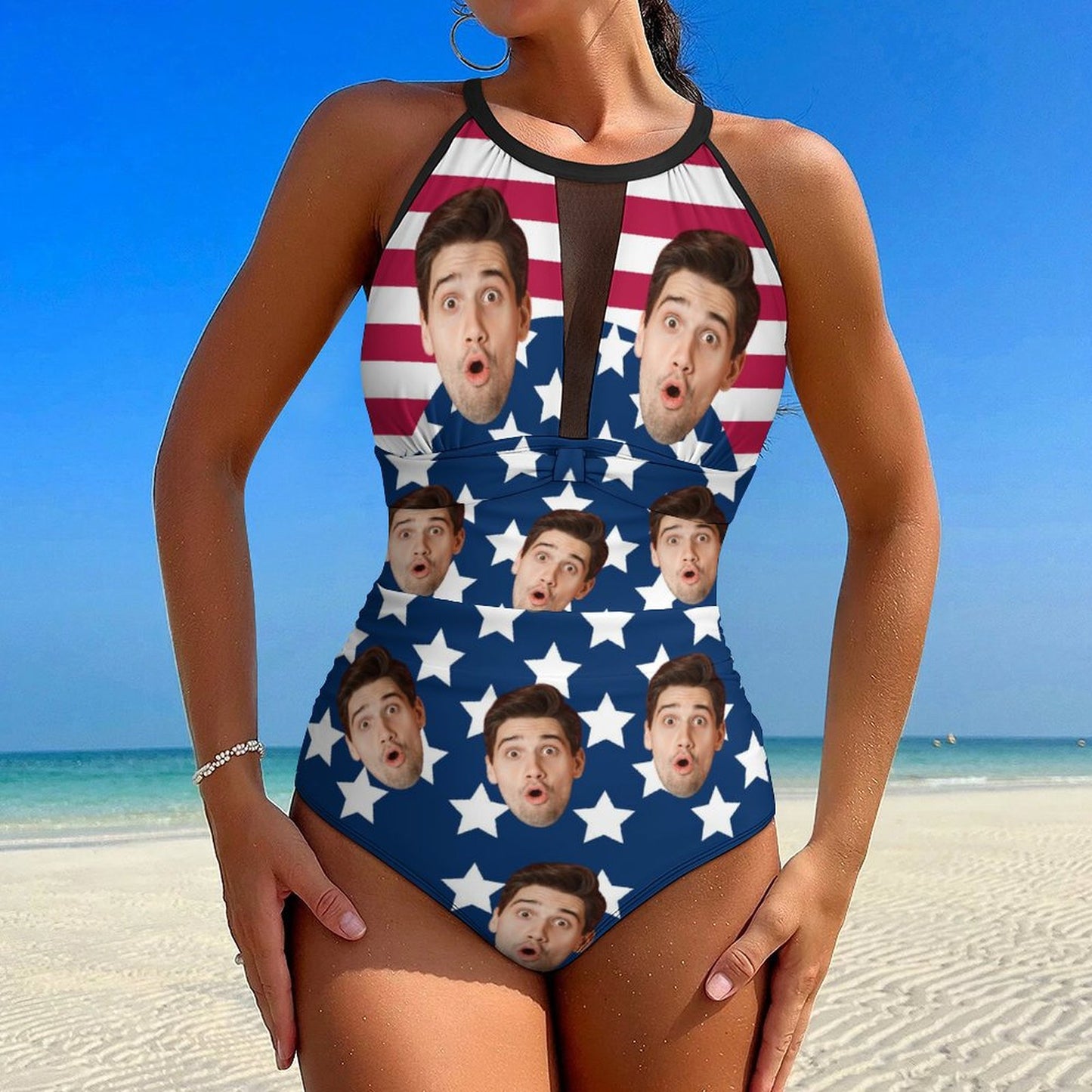 Custom Faces Flag Women's Hollow One-Piece Swimsuit-8