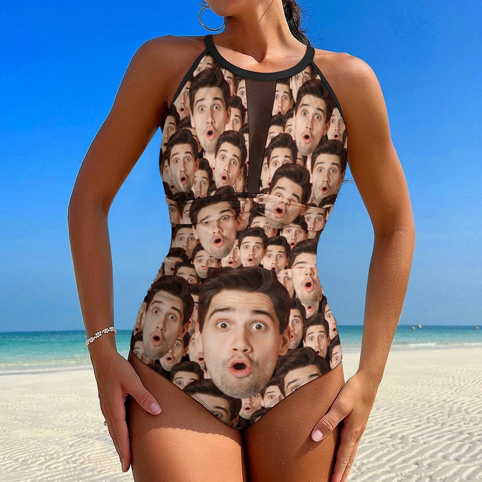 Custom Faces Funny Multi Face Women's Hollow One-Piece Swimsuit-WEPRINTME-2