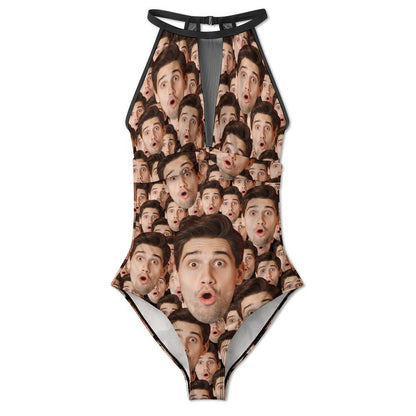 Custom Faces Funny Multi Face Women's Hollow One-Piece Swimsuit-WEPRINTME-6