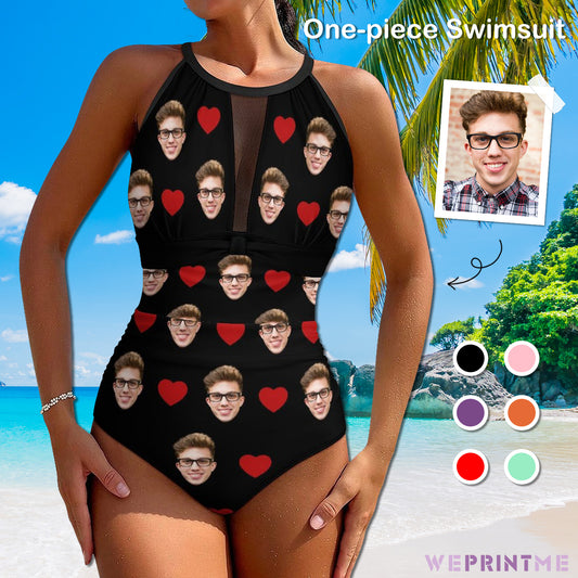 Custom Faces Heart Women's Hollow One-Piece Swimsuit-WEPRINTME-1