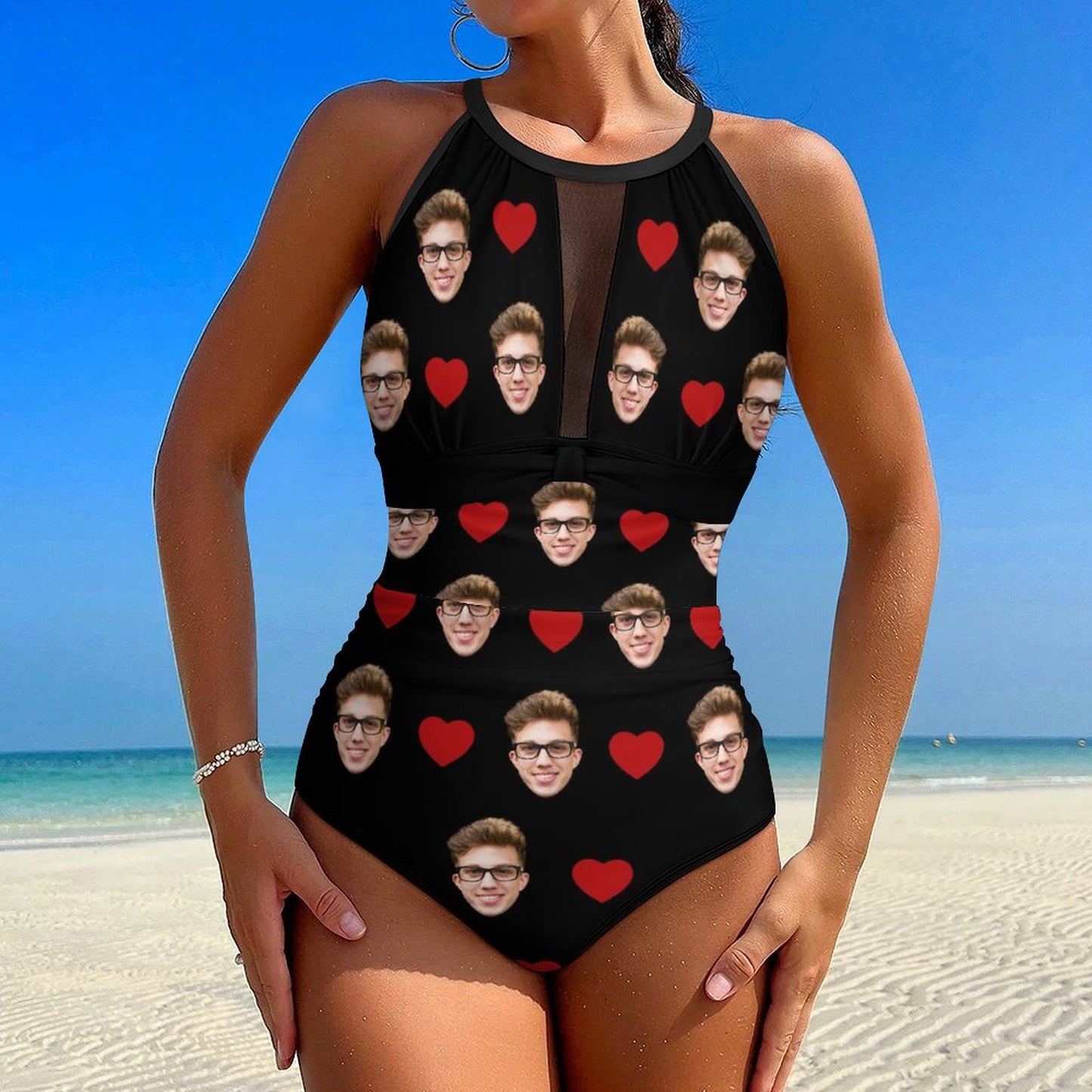 Custom Faces Heart Women's Hollow One-Piece Swimsuit-WEPRINTME-2