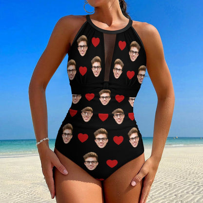 Custom Faces Heart Women's Hollow One-Piece Swimsuit-WEPRINTME-2