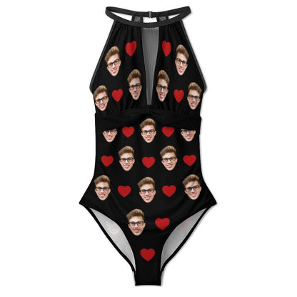 Custom Faces Heart Women's Hollow One-Piece Swimsuit-WEPRINTME-6