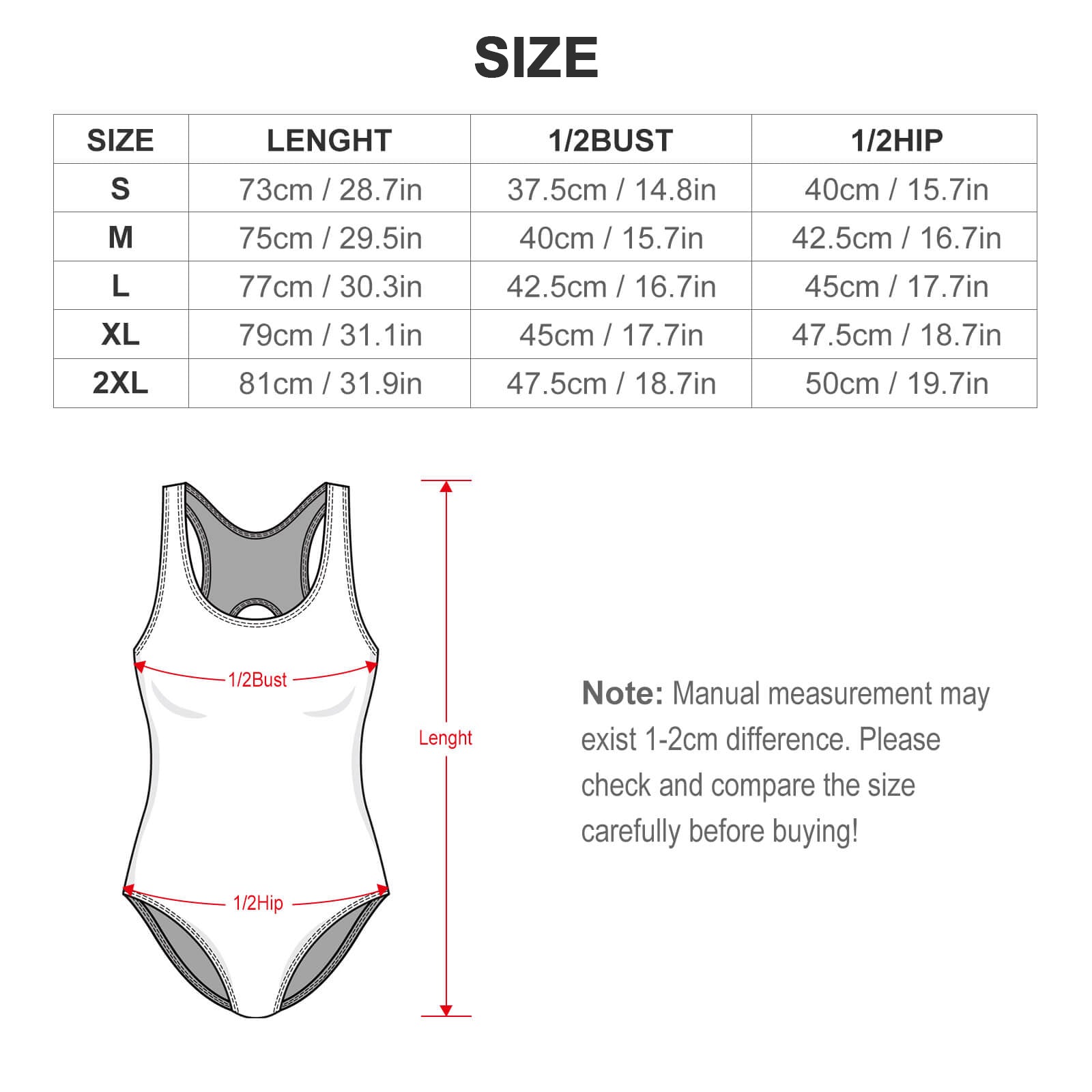 Custom Name&State One-Piece Swimwear-WEPRINTME-Size Chart