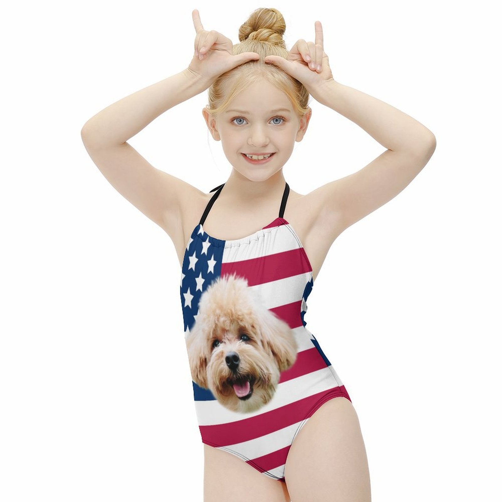 Custom Pet Face Flag Childrens One-Piece Swimsuit-WEPRINTME-5