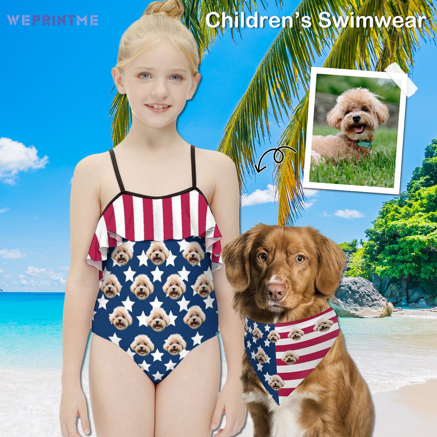 Custom Pet Face Flag Girls Swimwear Matching Pet Bandana-WEPRINTME-11