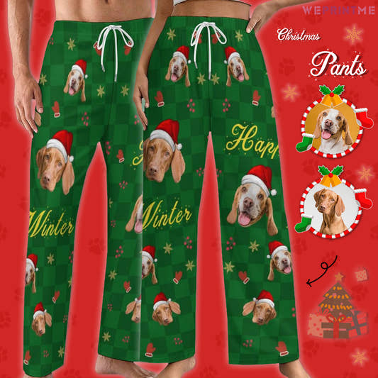 Custom Pet Face Happy Winter Christmas Pajama Pants - WePrintMe