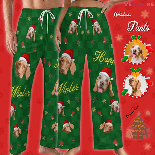 Custom Pet Face Happy Winter Christmas Pajama Pants - WEPRINTME