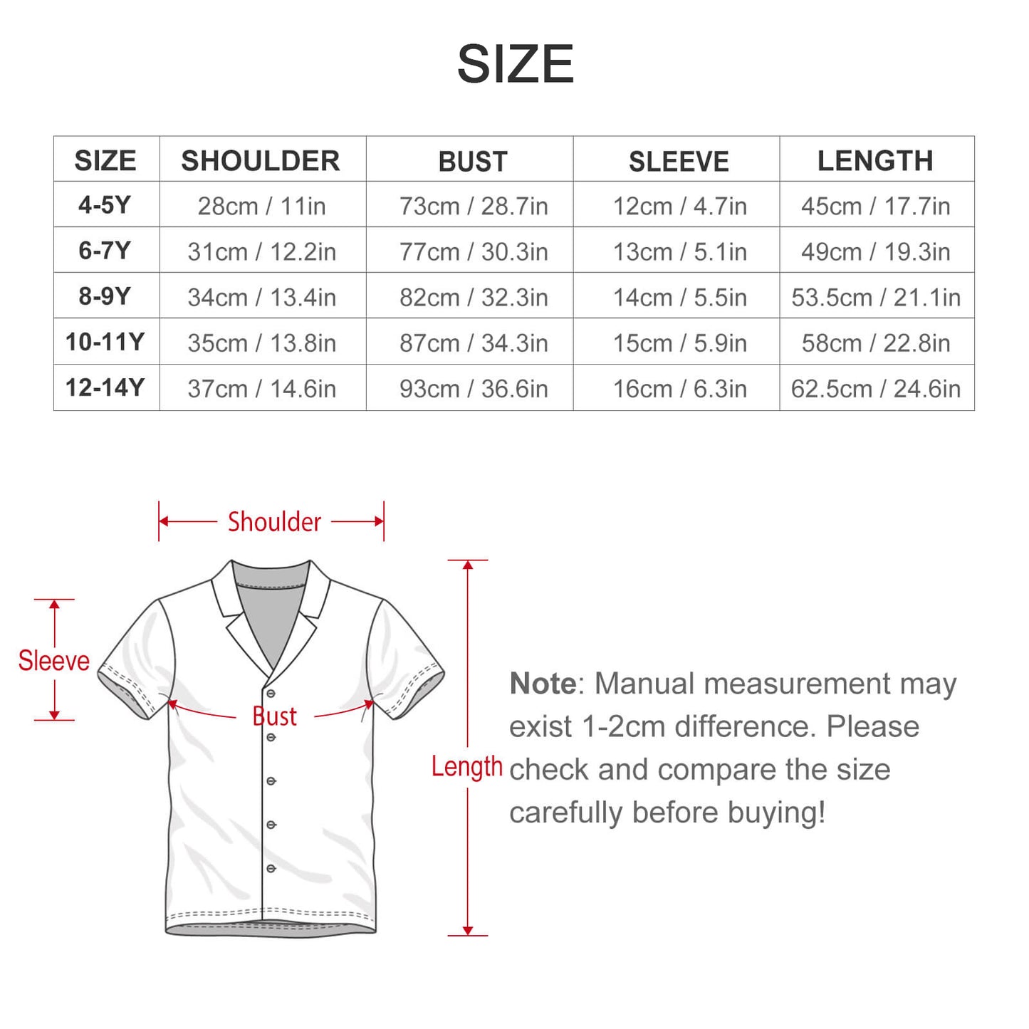 Custom Pet Face Kids Short Pajama Set-WEPRINTME-Shirts-Size Chart