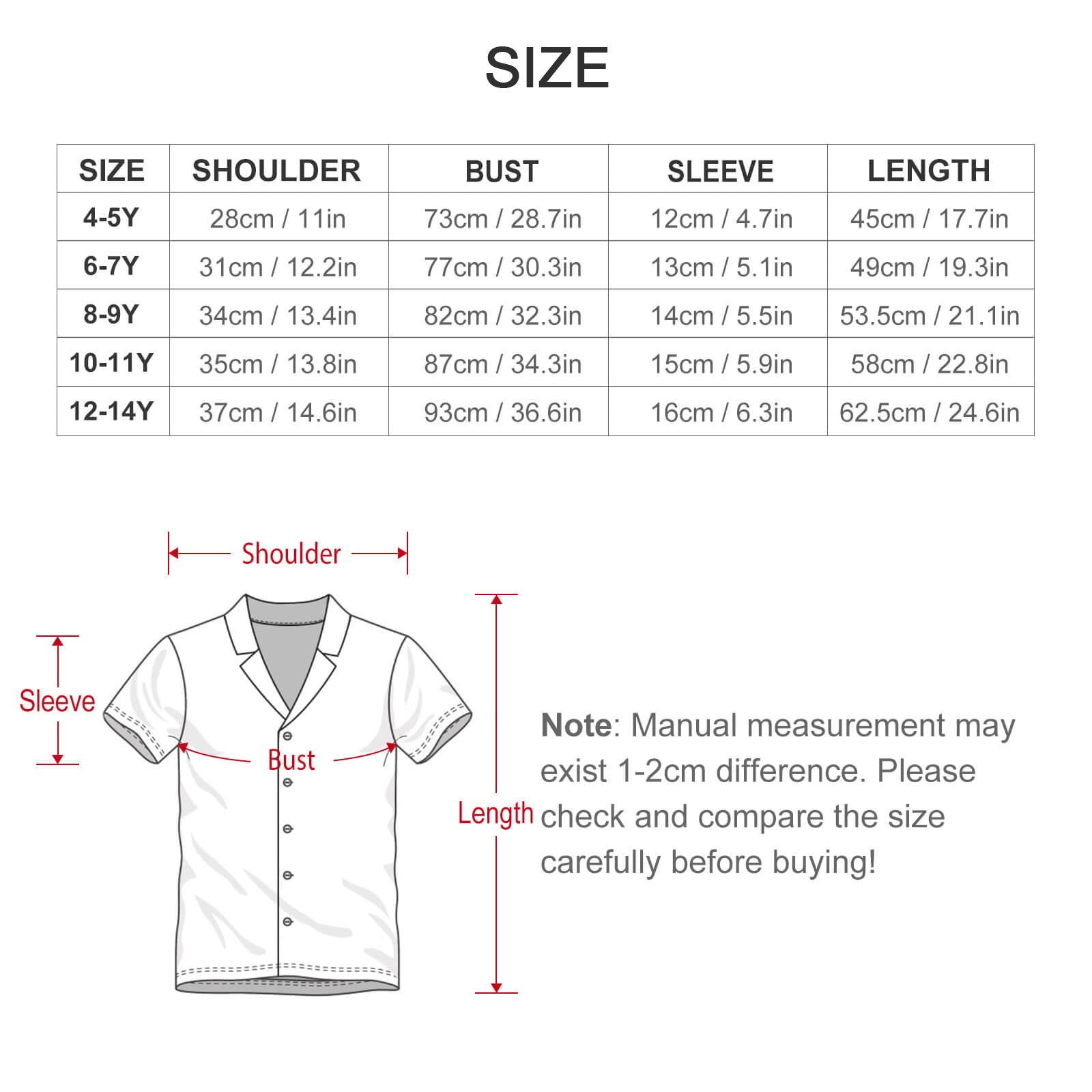 Custom Pet Face Kids Short Pajama Set-WEPRINTME-Shirts-Size Chart