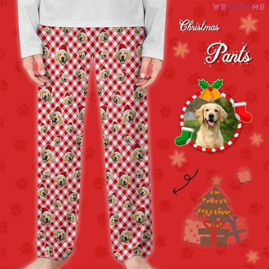 Custom Pet Face Red Plaid Xmas Pants for Kids-Main1-WePrintMe