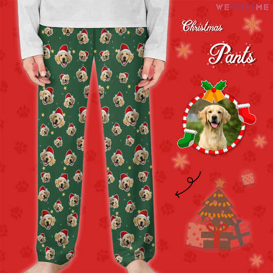 Custom Pet Face Green Stars Santa Pants for Kids-Main-WePrintMe
