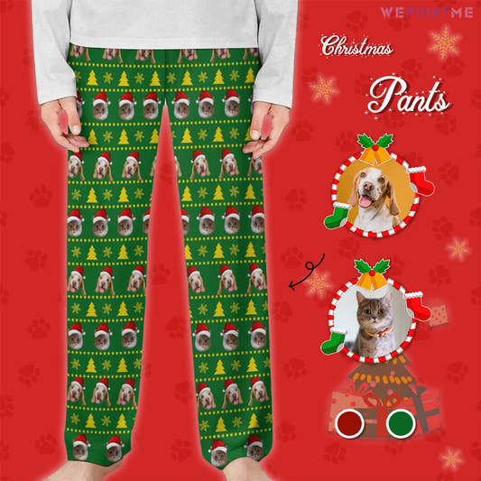 Custom Pet Face Trees Santa Pants for Kids-Main-WePrintMe