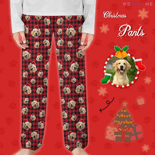 Custom Pet Face Red Plaid Santa Pants for Kids-Main1 Red-WePrintMe