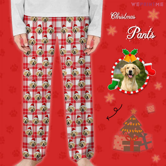 Custom Pet Face Plaid Santa Pants for Kids-Red Main1-WePrintMe