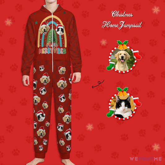 Custom Pet Face Merry Vibes Kid's Flannel Onesies-Main-WePrintMe