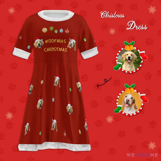 Custom Pet Face Woofmas Girls Christmas Dress-Main-WePrintMe