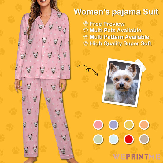 Custom Pet Face Paws V Neck Pajama Set for Women-1-WEPRINTME
