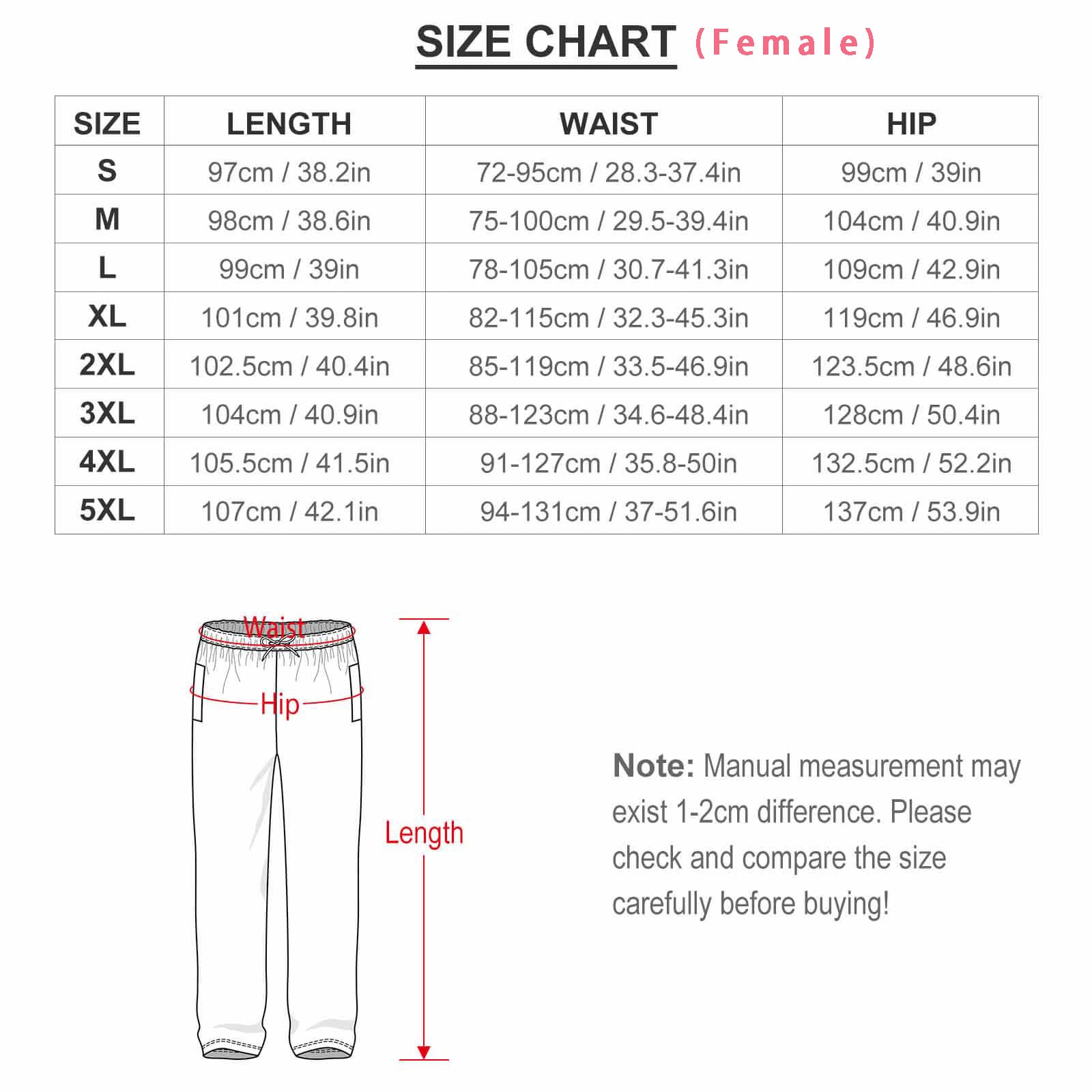 WEPRINTME - Pajama Pants - Female Size Chart
