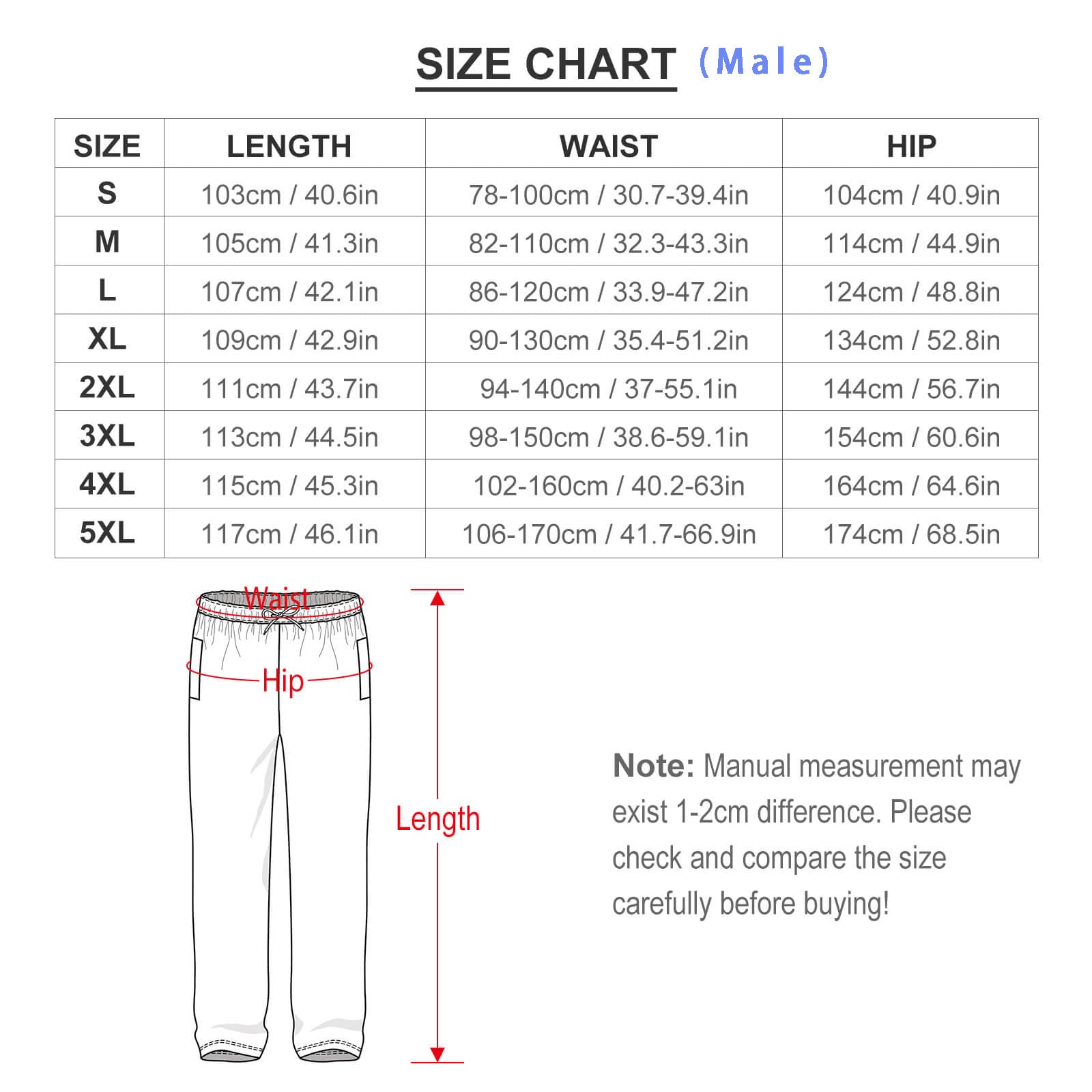 WEPRINTME - Pajama Pants - Male Size Chart
