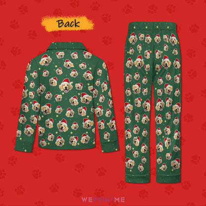 Custom Pet Face Everywhere Christmas Kids Pajamas-Green Stars-Back-WEPRINTME