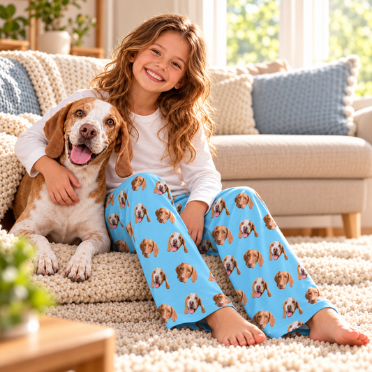 All Small Face style: child wearing blue dog-face pajama pants with a dog at home