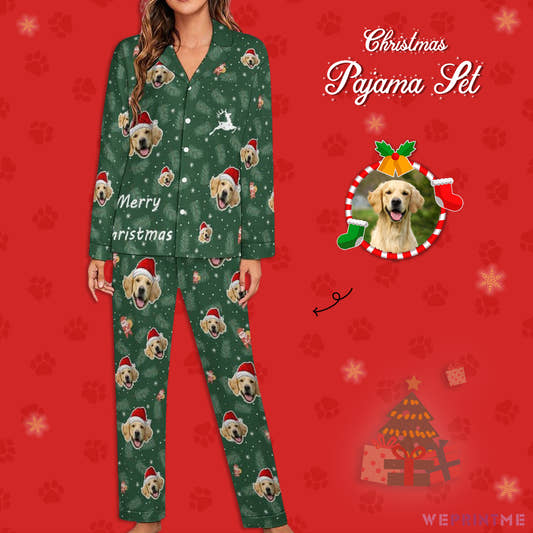 Custom Pet Face Christmas Deer Women Long Pajamas-WePrintMe
